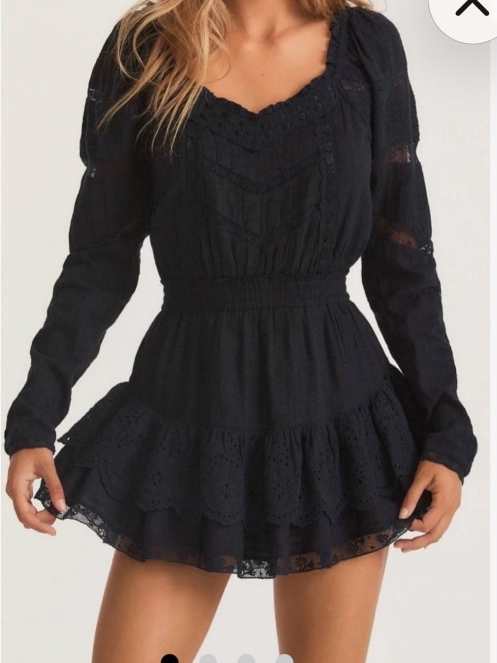 LoveShackFancy Sanaya Black Long-Sleeve Mini Dress